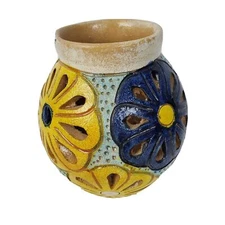 Hand Painted Art Pottery Vase Yellow Cut Out Floral Design 6" Signed