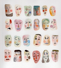 Watercolor Original Painting - 9x10 24 faces happy girls boys unique group prays