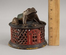 19thC Antique J&E STEVENS Painted Cast Iron Mechanical Frog Bank, NO RESERVE