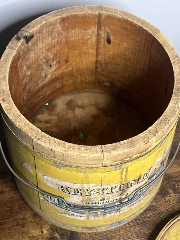 Keystone WOODEN MINCEMEAT FIRKIN BUCKET Yellow Mustard Paint Original Label - Image 2 of 4
