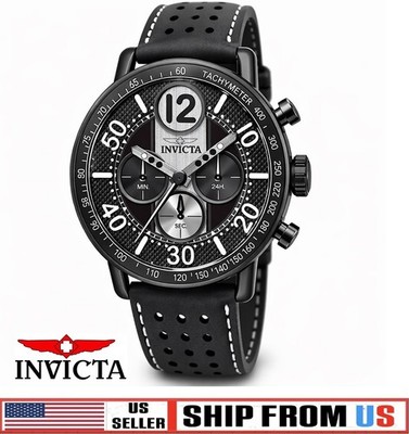 $249 Invicta Racing Mens Black & White 44mm Quartz Leather Strap Watch 50363 NIB