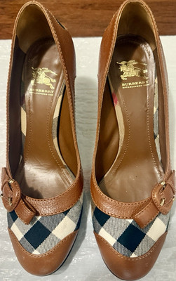 Burberry Brown Check Leather Canvas Pumps Buckle Stiletto Heels Women's 7.5