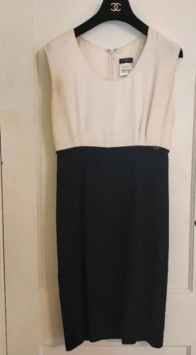 Autore Abito Chanel P40729W04854 nero ecru senza maniche in seta testurizzata 6 US 42 FR