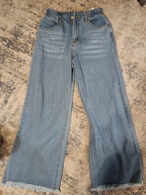 Shien Women's Wide-Leg Blue Denim Jeans Elastic Waist Fringe Hem Relaxed Pockets