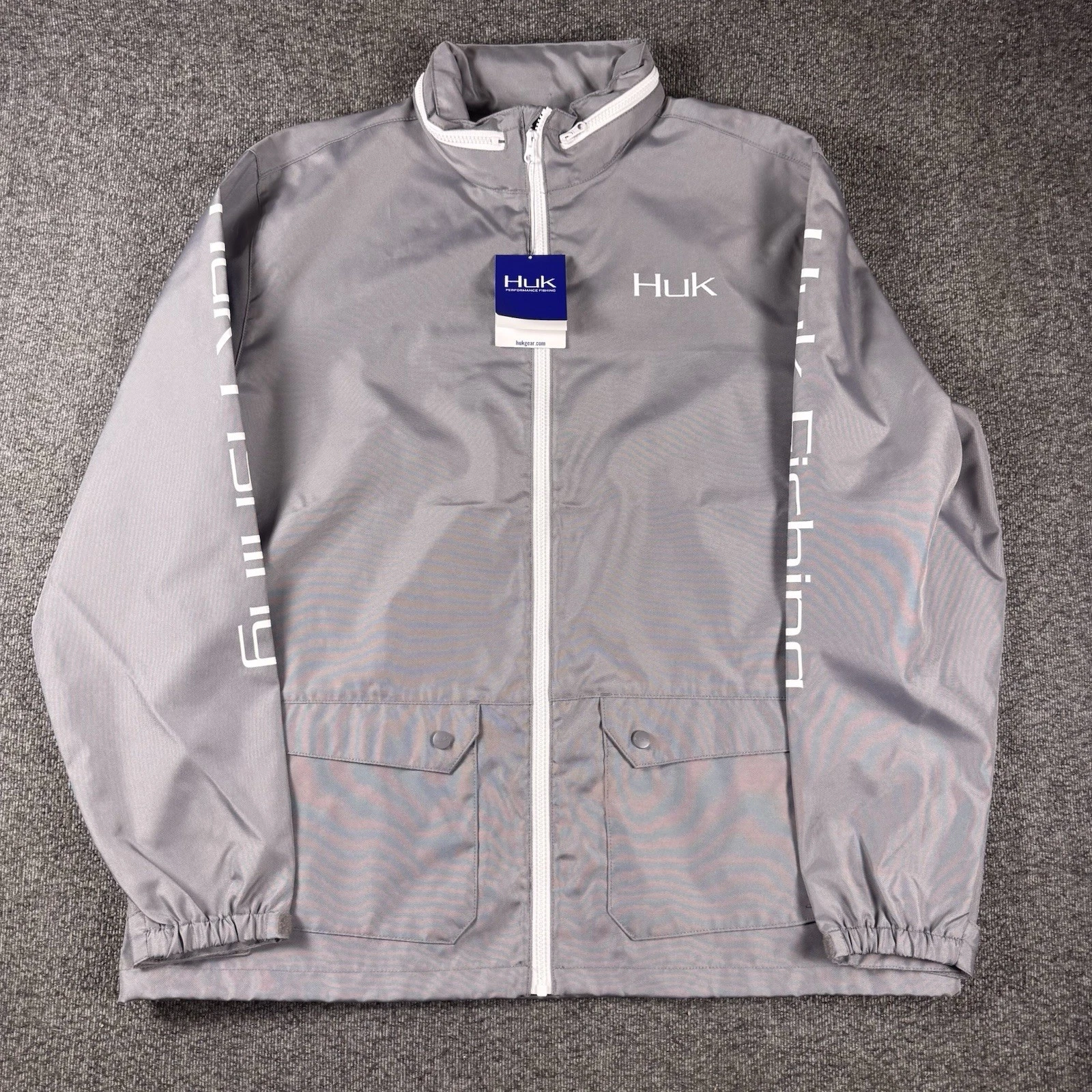 Huk Fishing Breaker Jacket Mens XL Grey Full Zip Pockets Lightweight New Nwt