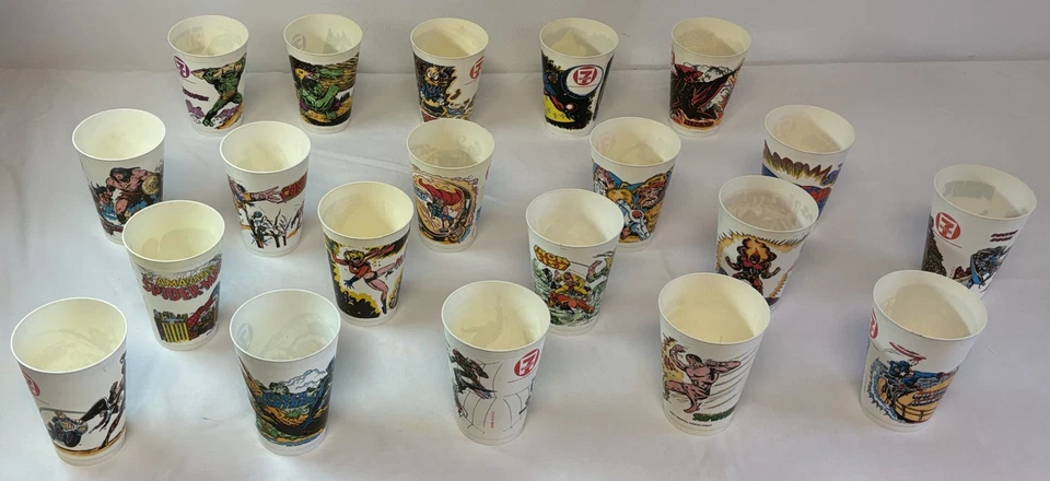 lote de veinte tazas slurpee 7-11 1977 Marvel Comics ~ Spider-Man, Hulk, FF, Thor, MÁS Foto 2 de 4
