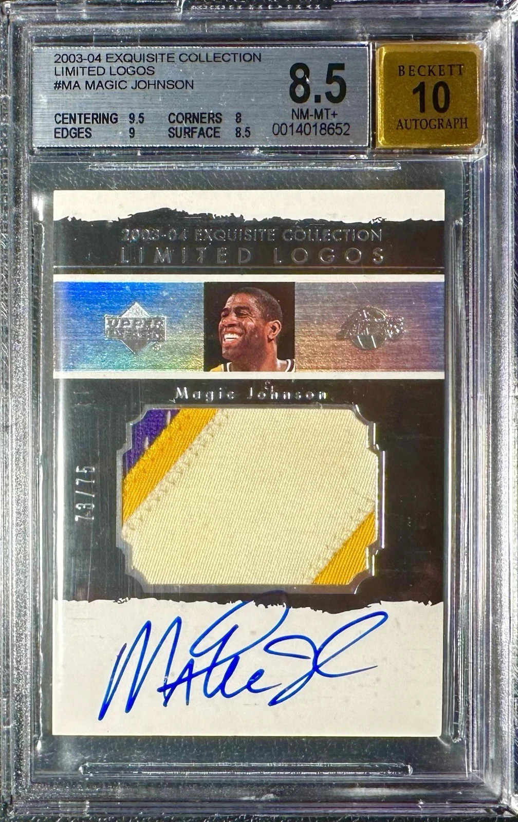 2003 Exquisite Magic Johnson Limited Logos Lakers Patch /75 BGS 8.5 Auto 10!