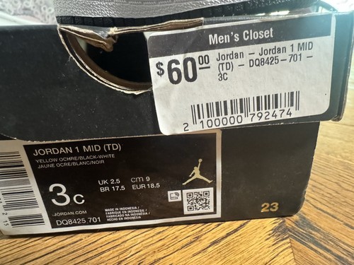 Size 3C - Jordan 1 Mid TD Yellow Ochre/black-white (N6) - Picture 3 of 5