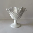 Vintage Fenton White Milk Glass Hobnail Footed 9" Compote Bowl Ruffled Edge