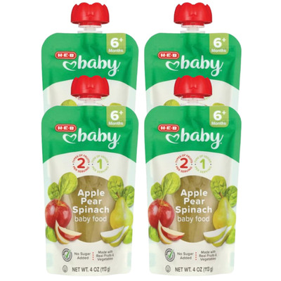 (4 Pack) Baby Food Pouch Apple Pear Spinach 4 oz For 6+ months by HEB Texas