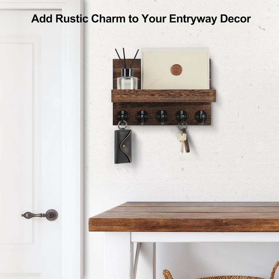 Wall Key Holder with Shelf, Large Hooks for Bags and Coats, 9.8" X 6.7" X 4.2" - Image 4 of 4