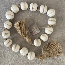 NEW Decor 32" STRING Distressed White Wooden Bead Garland With Jute Tassels