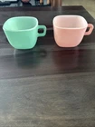 Glasbake Pink & Green Coffee Mug Square Cup Milk Glass Vintage J-2265 USA Made