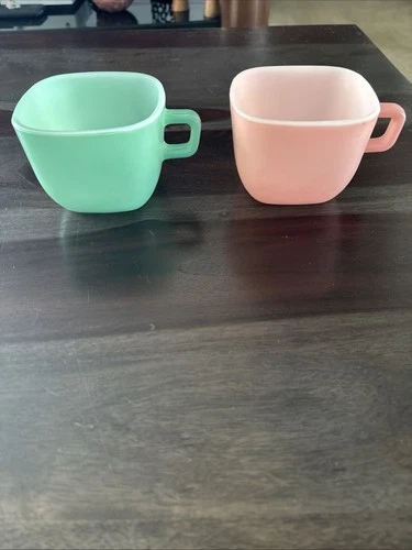 Glasbake Pink & Green Coffee Mug Square Cup Milk Glass Vintage J-2265 USA Made