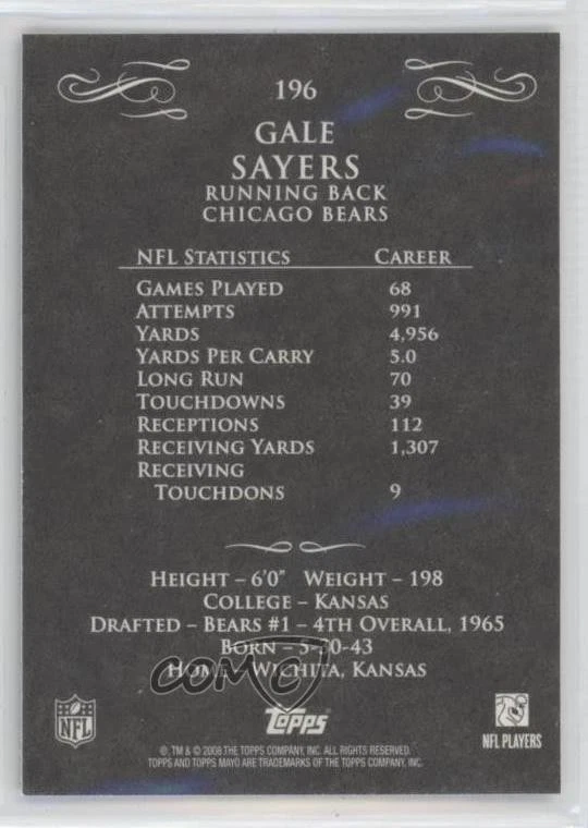 2008 Topps Mayo Gale Sayers #196 HOF - Image 2 of 2