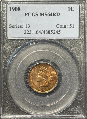 1908 INDIAN CENT PCGS MS64 RED