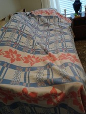 1950's, MCM Rare Double Length Blanket 144" 2 Finished Edges, Pastel Blue & Pink