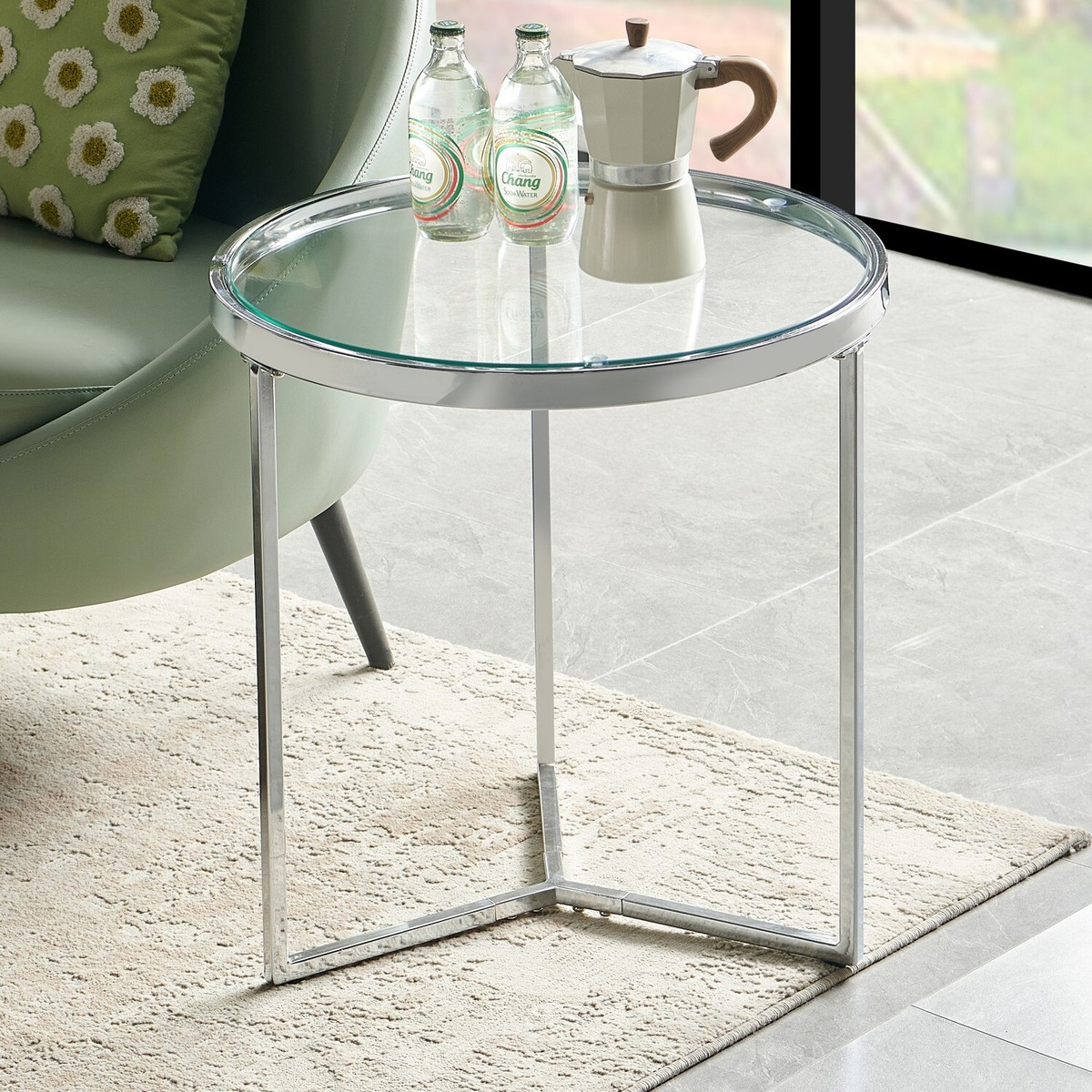 Monza Round Glass Side Lamp Table with Chrome Stainless Steel