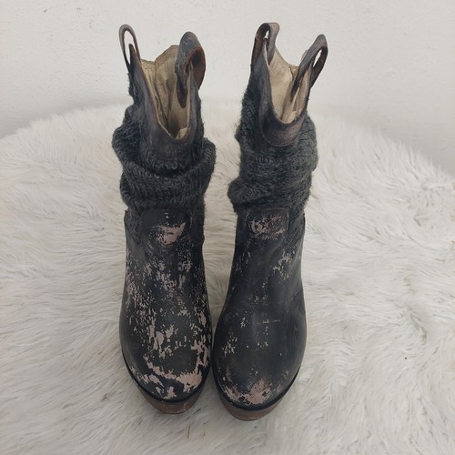 Bed Stu Leather Boots 7 B Bruges Bootie Distressed Black Wedge Boho Slouch Knit - Picture 2 of 10