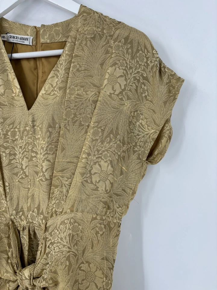 Vestido Giorgio Armani Vintage Mujer 8 Dorado 100% Seda Funda Plisada Nudo Floral Foto 2 de 4