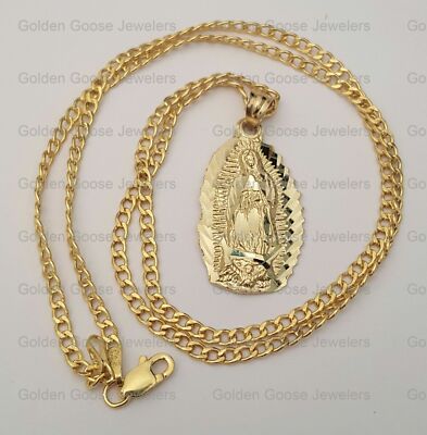 14K Real Yellow Gold Virgin Mary Guadalupe Pendant Charm 18" Inch Cuban ...