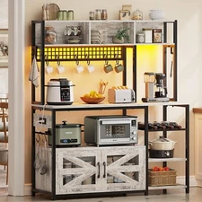 47.2" Bakers Rack with Led Light &8-S Hooks Farmhouse Coffee Bar Cabinet Station