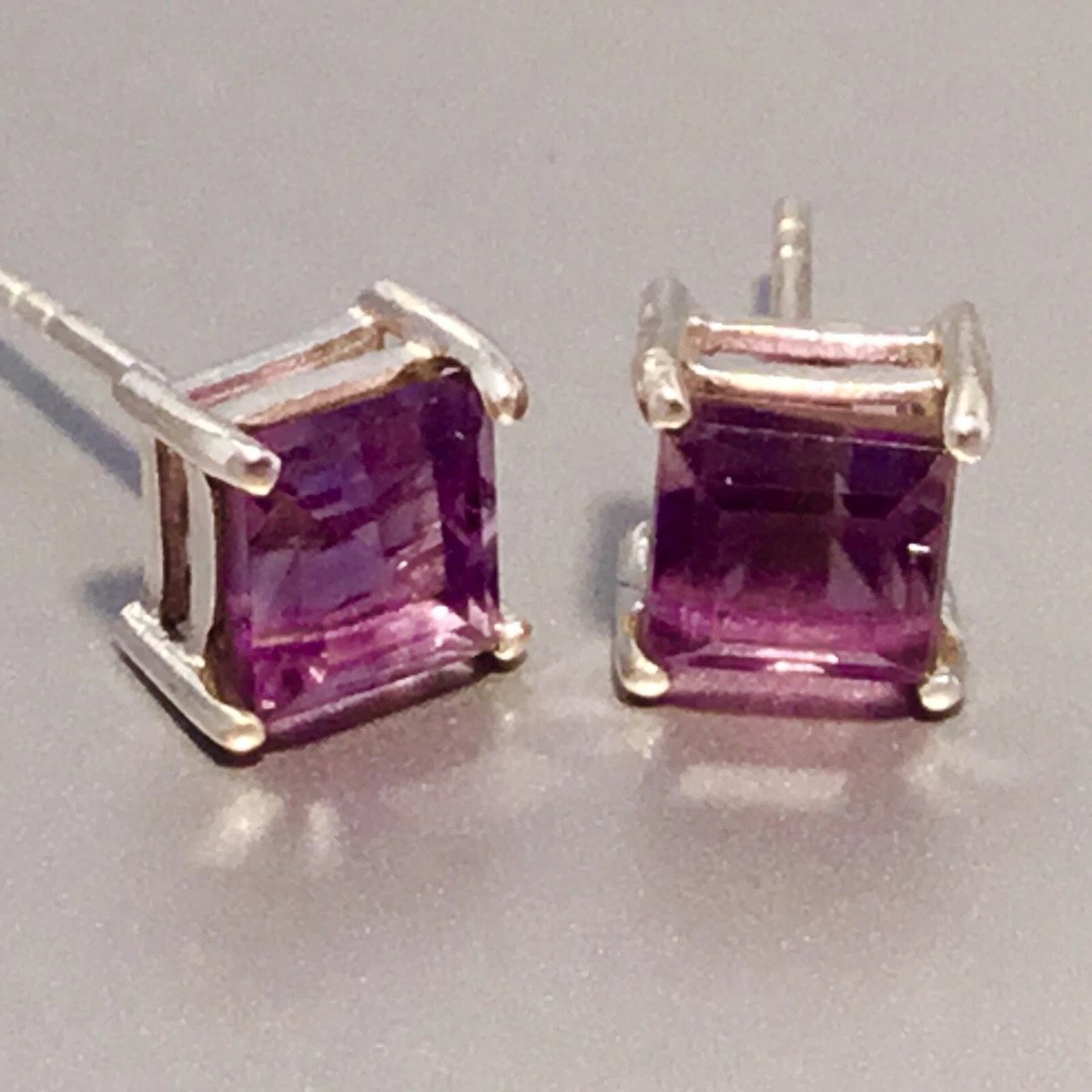 925 Sterling Silver Natural Amethyst Square Stud Earrings Men Women