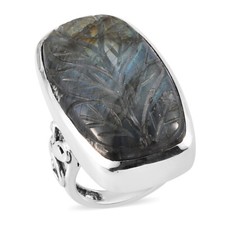 32.25ctw Malagasy Labradorite Carved Ring Sterling Silver Size 6,7,9,10