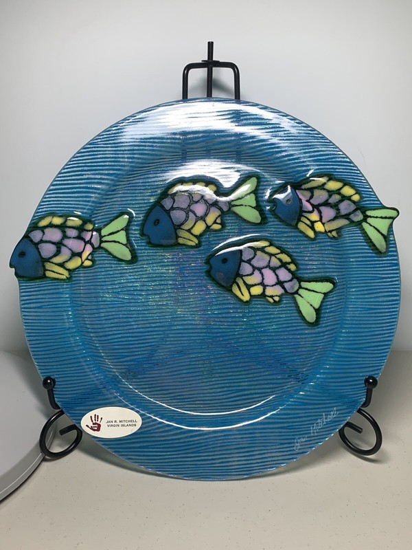 JAN R MITCHELL SIGNED FUSED ART GLASS FISH PLATE VIRGIN ISLANDS HAND MADE
