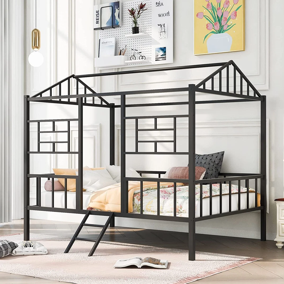 Twin/Full Size House Bed Metal Loft Bed with Roof Heavy Duty Bed