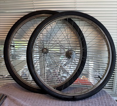 Schwinn 26  x 1 3/4  S7 Chrome Wheel Set & Tires Red Band Hub Middleweight 1960s