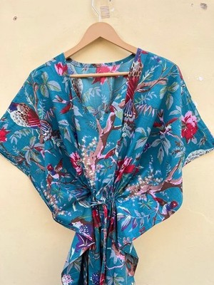 Indisch blau Vogel handgefertigt Baumwolle Kaftan Maxikleid Damen Kleidung...