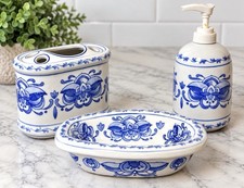 Blue White Ceramic Bathroom Vanity Set 3pc Floral Soap Dish Dispenser Holder
