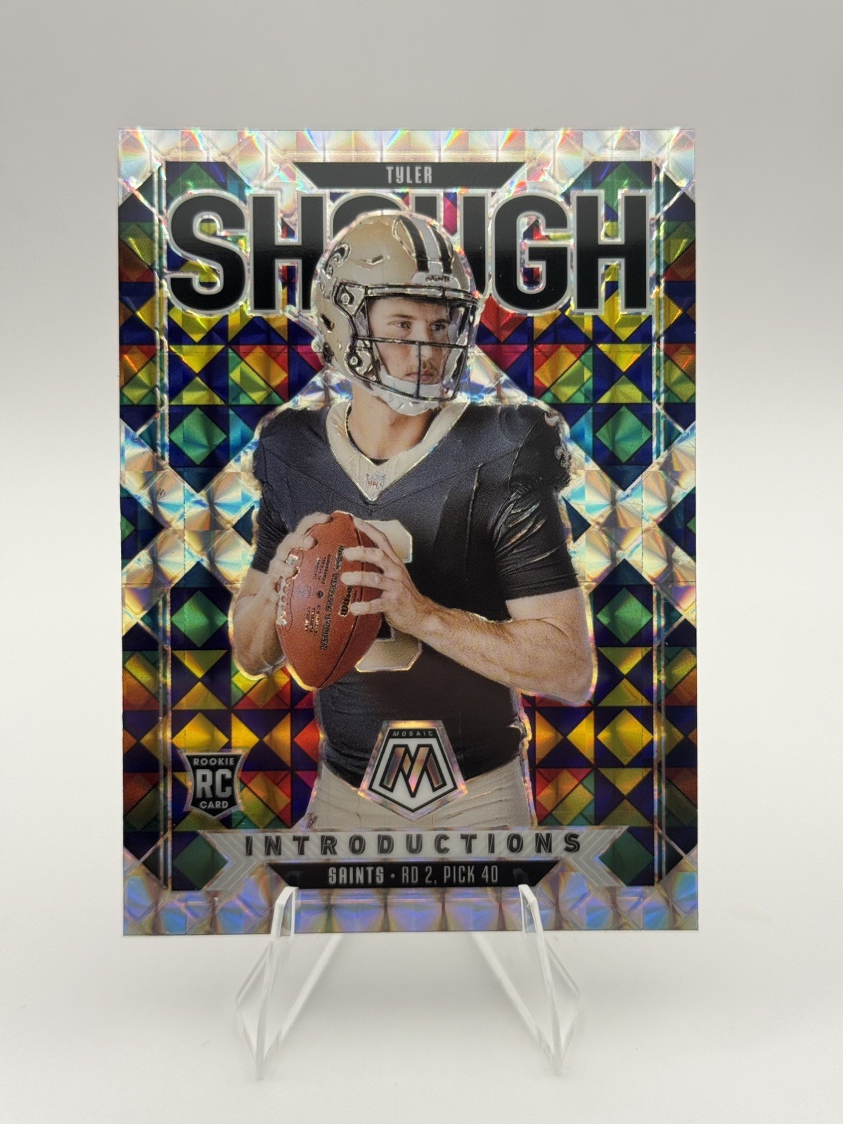2025 Panini Mosaic Tyler Shough RC Introductions Silver Mosaic Prizm Saints