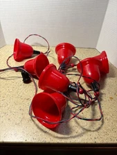 Vintage Noma 7 Christmas Blow Mold Hard Plastic Red Bells Light String &  bulbs