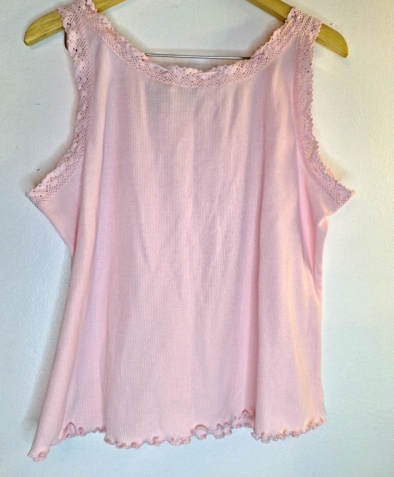 Women's Petal Pink Lace Trim Ribbed Tank Top Cami Plus Sz 18W Cottagecore Y2K - Image 2 of 4