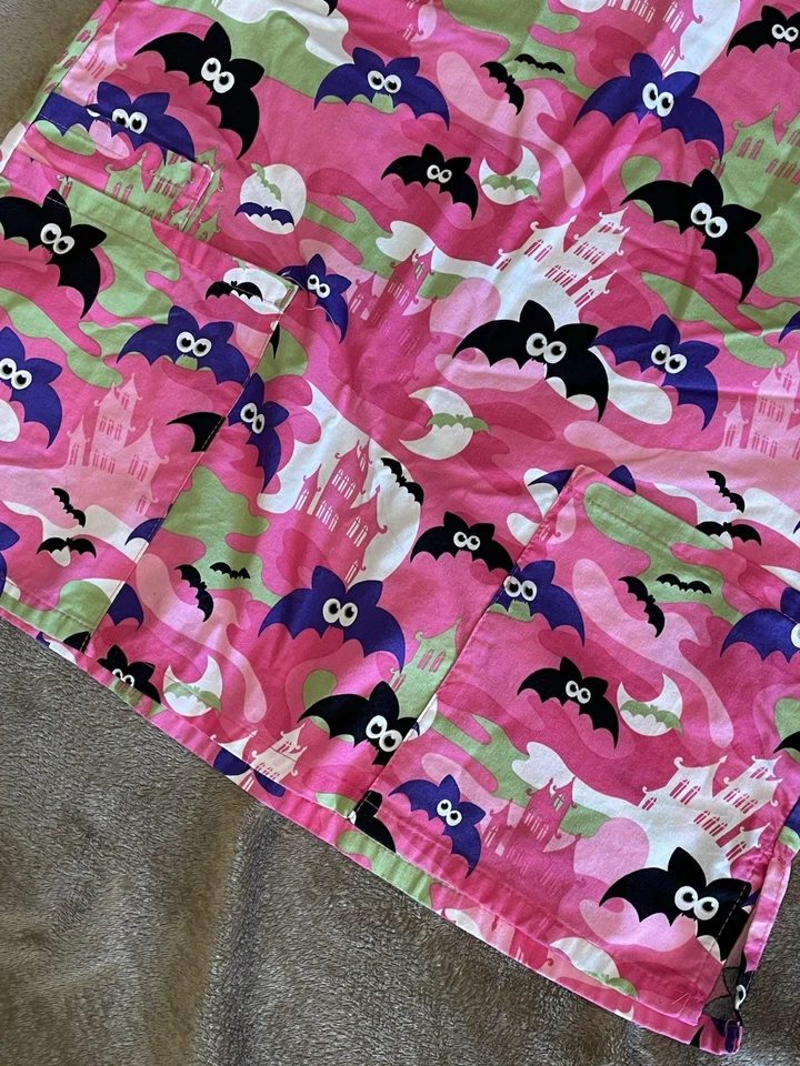 White Swan Fundamental Pink Halloween Scrub Top With Bats Size XS 100% Cotton - Image 2 of 4