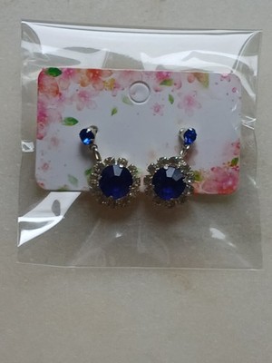 Faux Sapphire + Diamond 2cm Drop Earrings For Pierced Ears Silver Tone New Other