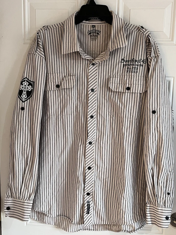 Camisa masculina Southpole Premium 4XL listra branca botão para cima enfeitada motociclista anos 90 - Imagem 2 de 4
