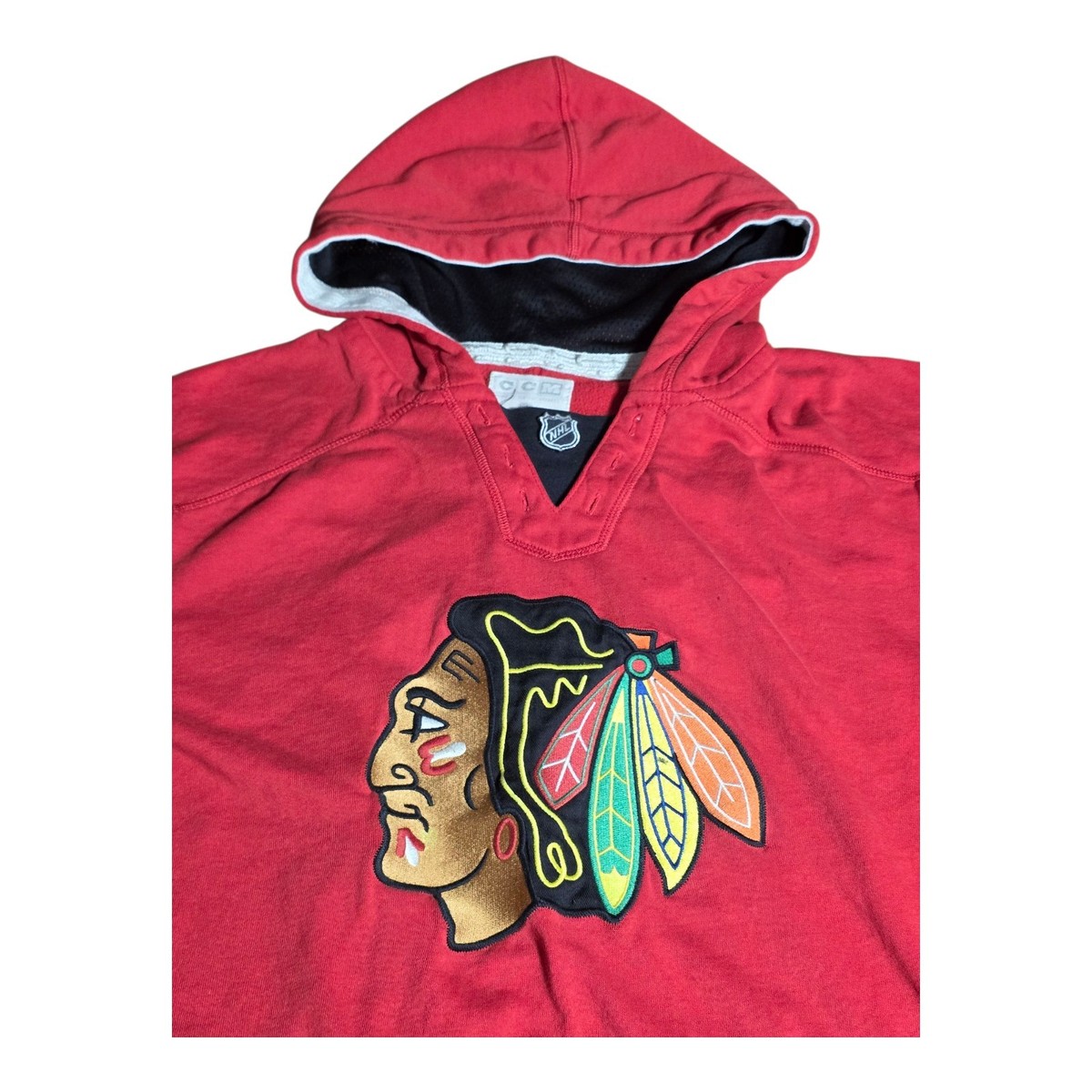 Vintage CCM NHL Chicago Blackhawks Hoodie Sweatshirt Red Black XL