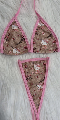 Hello Kitty Pink Triangle Bikini Set One Size Cat Cartoon Halter Bow Accents