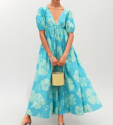 NWT STAUD Amaretti Dress In Blue Hibiscus | Large | 98% Cotton | MSRP $345