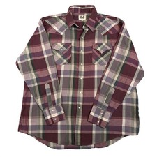 Vintage Ely Cattleman Mens XL Western Pearl Snap Shirt Plaid Purple Long Sleeve