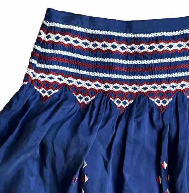 Vintage Silk Skirt Womens 4P Embroidered Boho Bohemian Gypsy Geometric Navy Blue