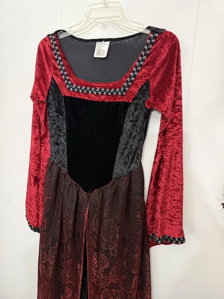 中世纪文艺复兴 S M L 丝绒红色和黑色长裙  — 第 3/4 张图片