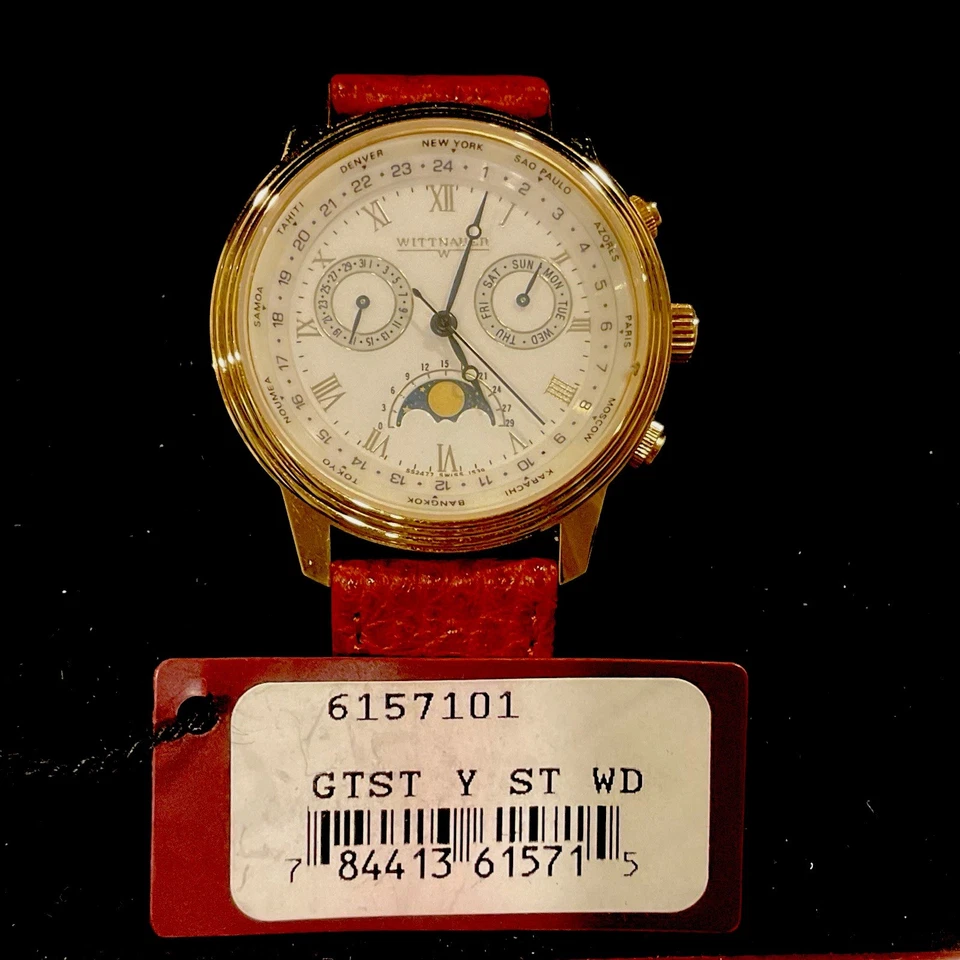 Reloj Wittnauer Vintage Raro Años 80 Tono Dorado 1539 Fase Lunar Día Fecha Con Caja Foto 2 de 4