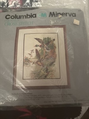 Vintage 1973 Columbia-Minerva Cross Stitch Embroidery Kit Wild Ducks #6515 11x14
