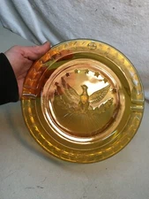 Large Vintage Amber Glass Ashtray USA American US Federal Eagle 9" mid-century