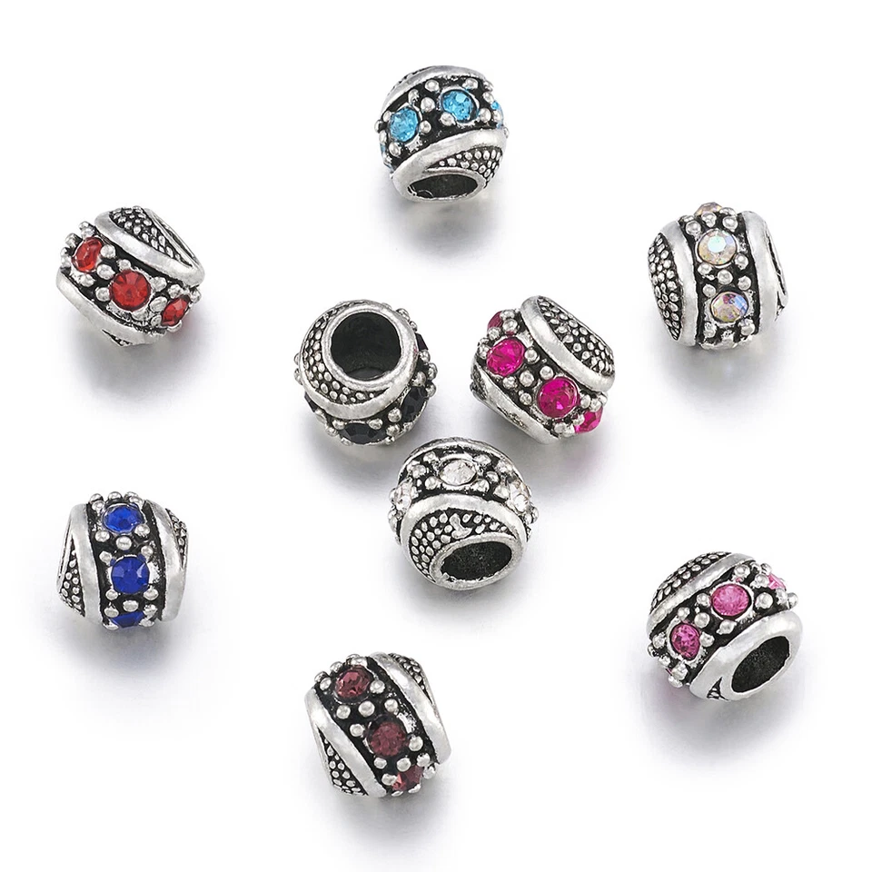 50x Cuentas antiguas de aleación de plata con diamantes de imitación rondelle europeas agujero grande 11x10 mm Foto 3 de 4