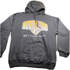 Vintage Pittsburg Steelers Hoodie Men's L Black Made in USA Distressed Holes 90s